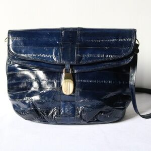 Vintage Genuine Eel Skin Leather Shoulder Crossbody Bag Purse Navy Blue 80s